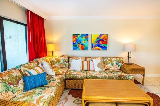 Living Area with Sectional Couch in Captiva, FL at 1 Bedroom Condo Rental